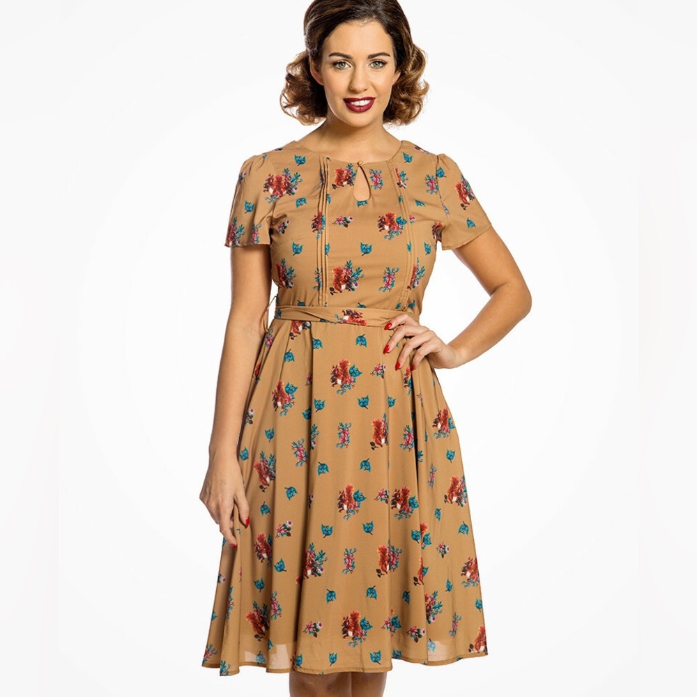Lindy Bop Bretta Mustard Squirrel Print Tea Dress Retro Rockabilly US 12